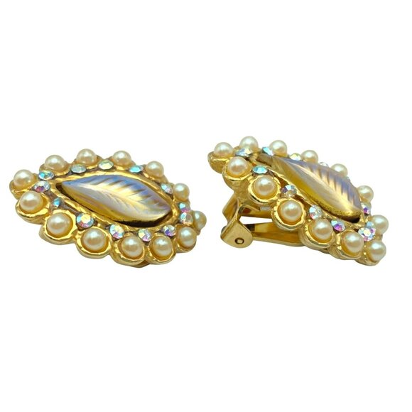 Vintage Leaf Earrings Faux Pearls & Gold Glass Opalescent Rhinestone 50's Clip - Picture 4 of 7